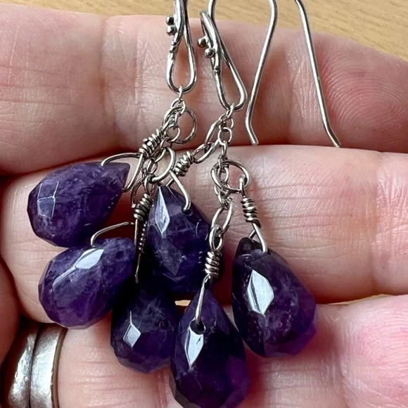 VINTAGE STERLING SILVER PURPLE AMETHYST DANGLE DROP EARRINGS 925 STERLING SILVER